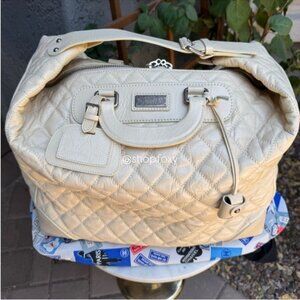 Chanel Rare Bone Beige Off White Quilted Leather Travel Carry-On Tote Bag